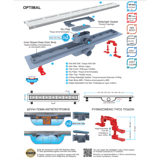 Κανάλι Ντουζιέρας Σιφών Duscheline Optimal Style Inox 60cm Με Πλαστικό Πλαισίο